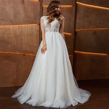

Scoop Short Sleeves Lace Appliques Bridal Dress Lace Appliques Tulle Skirt Simple Beach Bridal Gowns Custom Wedding Dress