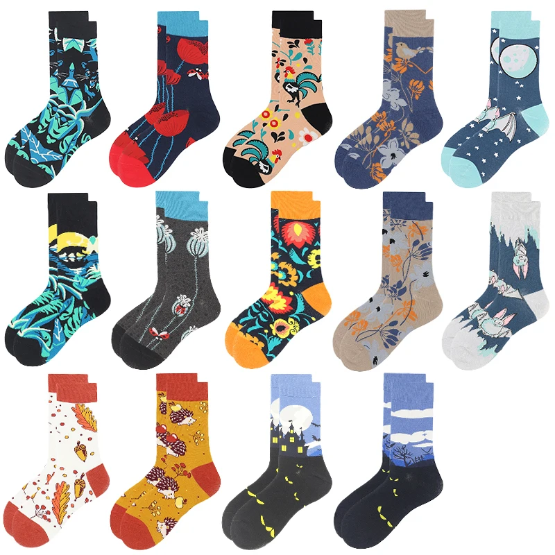 2021 Man Socks Creative Rooster Bird Ladybug Animal Flowers Printing Funny Cute Fashion Trend Harajuku Casual Comfortable | Мужская