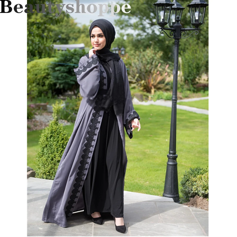 Dubai Style Gray Lace Open Abaya 