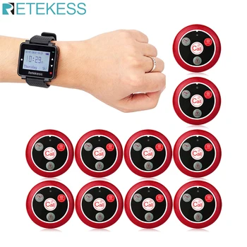 

RETEKESS Wireless Waiter Calling System Restaurant Pager T128 Watch Receiver + 10 T117 Call Button Customer Service For Clinic