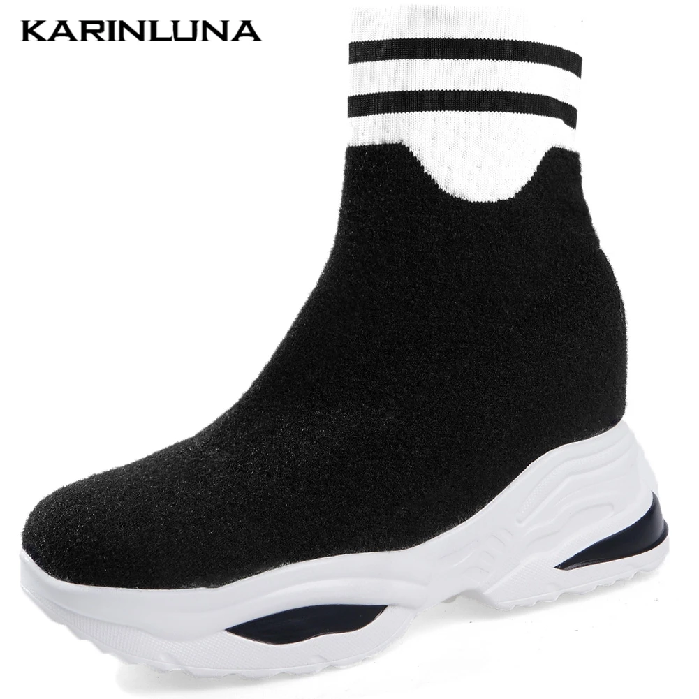 

Karinluna New Arrivals Hot Sale Black White Shoes Woman Boots Female Slip On Platform Casual Stretch Boots Woman Shoes Women