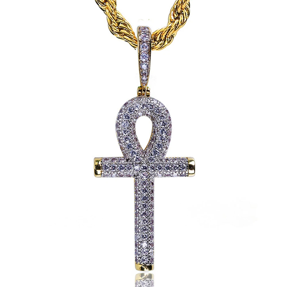 

Ancient Egyptian Ankh Cross Hip Hop Iced Out Bling Gold Color Jewelry Charms Necklaces Pendant