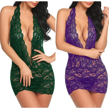 

Women Lace Lingerie Nightwear Underwear Babydoll Sleepwear Deep V Neck Hollow out Nightdress J55