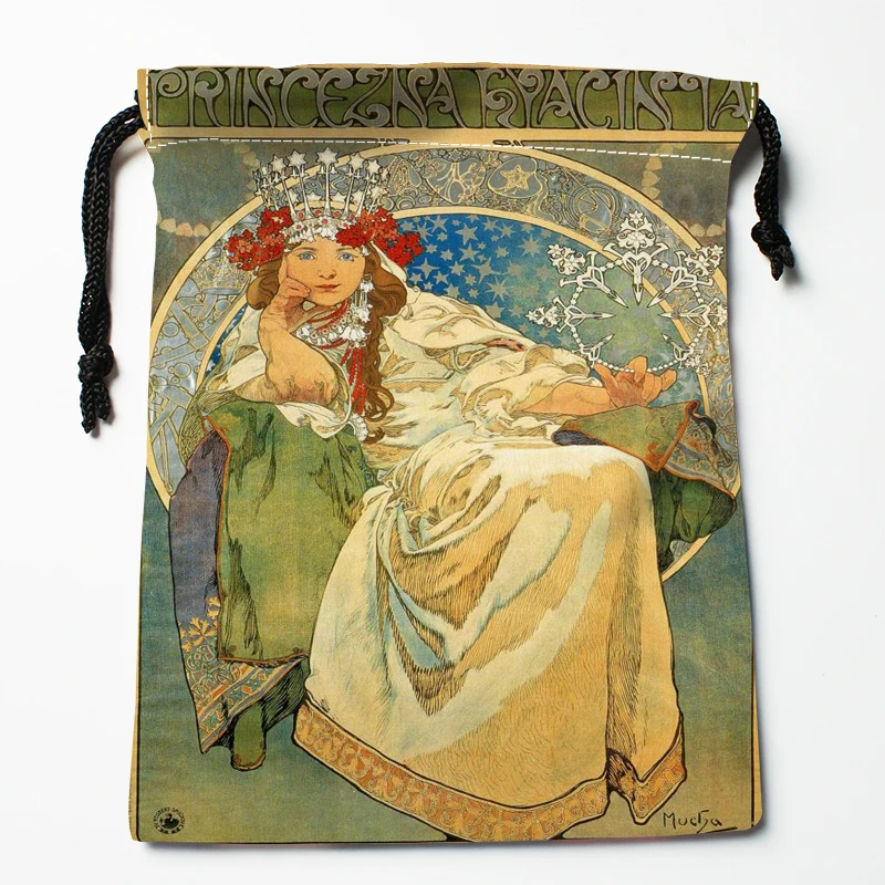 New Arrival Alphonse Mucha Drawstring Bags Print 18X22CM Soft Satin Fabric Resuable Storage Storage Clothes Bag Shoes Bags 4