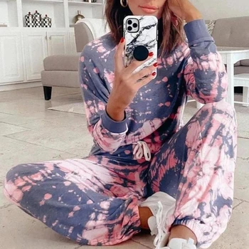 

Ukii Women 2020 Tie Dye Colorful Pajama Sleepwear Long Sleeve Lace Up Pants 2pcs Set Lounge Wear Female Casual Outfits Plus Size