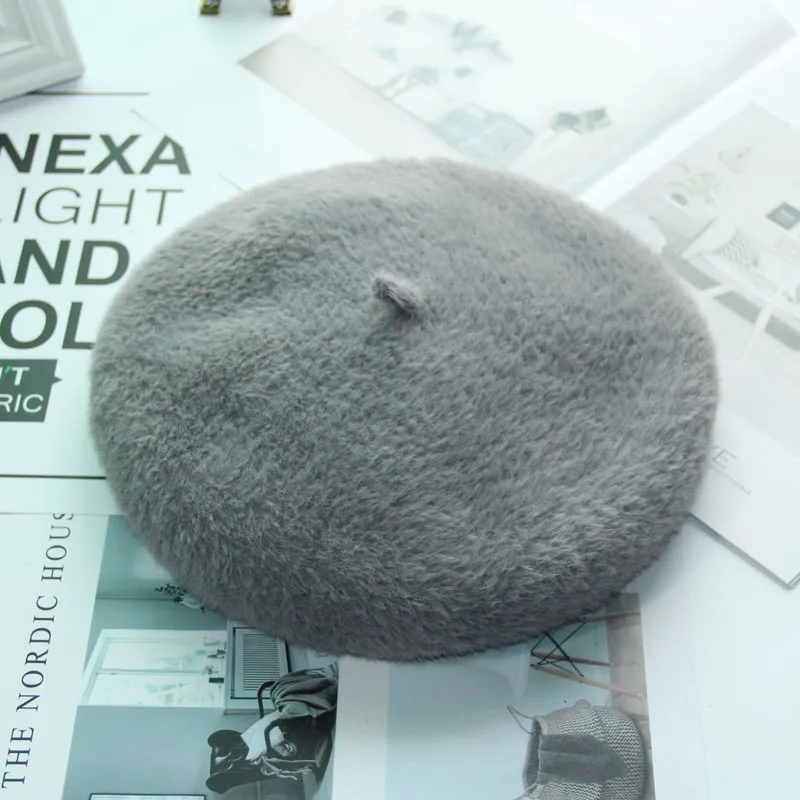 beret ladies autumn winter imitation fur warm hat wild painter cap girl hat fashion - Цвет: xuanzhiqi grey