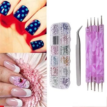 

12 Mixed Colors Wheel Design 3D Nail Art Tip Charm Rhinestone Jewelry+Tweezers Suit Nail Art Decor+5pcs Nail Art Dotting Pen
