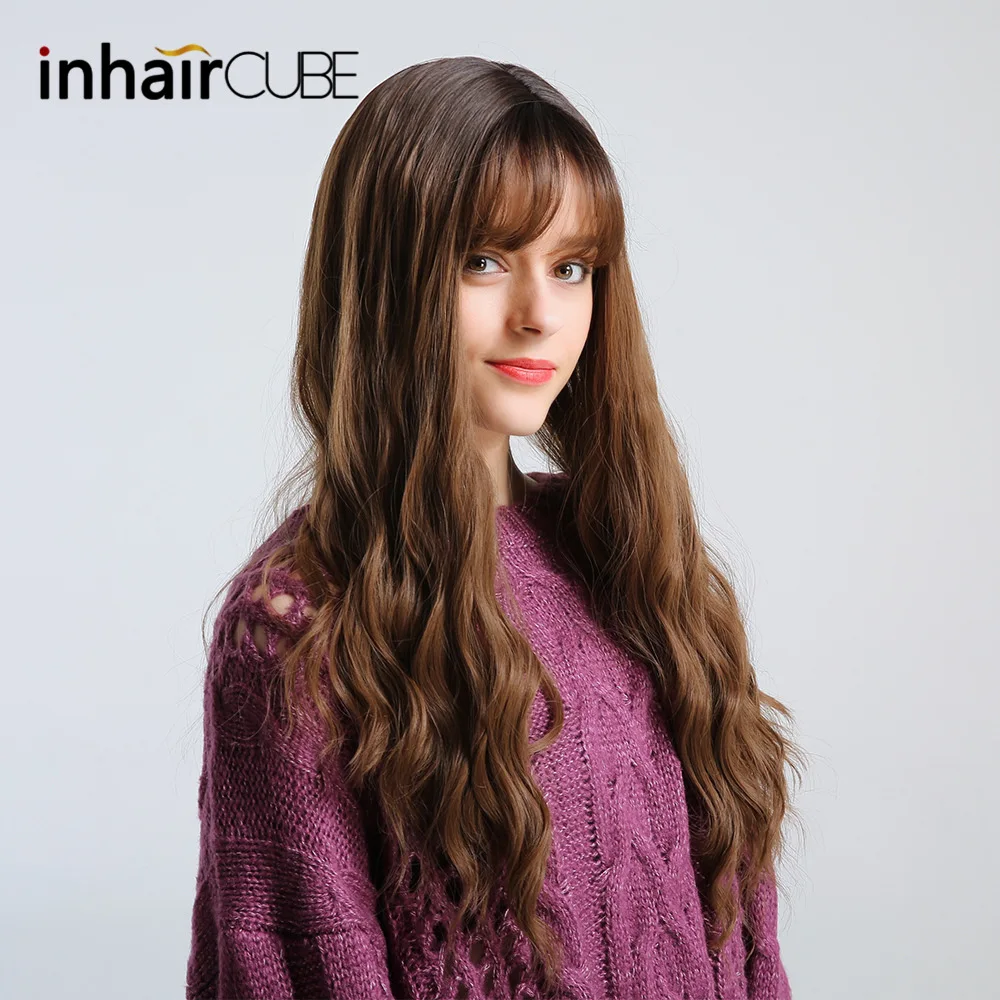 Inhaircube длинные коричневые кудрявые женские парики с челкой синтетический парик