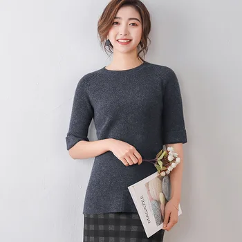 

New ladies solid color round neck short sleeve knitted T-shirt for women gray