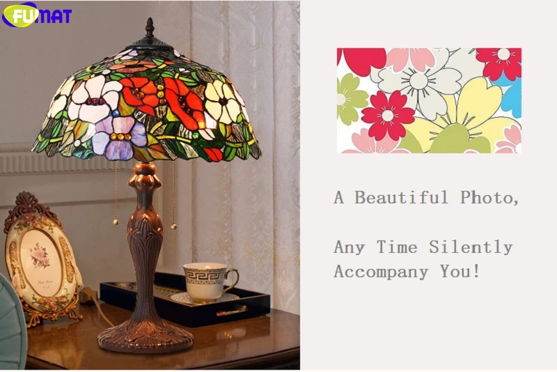 FUMAT Tiffany Style Rose Flower Stained Glass Table Lamp Pearl Morning Glory Desk Light Alloy Frame Home Decor LED Arts Lights 5