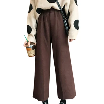 

Women Casual Wool Solid Color Loose Wide Leg Loose Elastic High Waist Straight Casual Nine Pants New