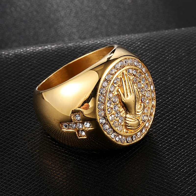 Bling Iced Out кристалл золотой цвет крест молитвенная рука титановое кольцо из нержавеющей стали для мужчин хип-хоп ювелирные изделия