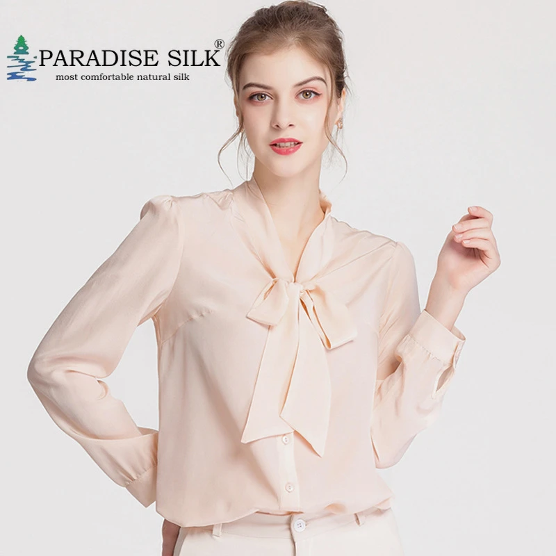 Blusa de 100% Natural para mujer, camisa de manga larga con cuello lazo, Talla M, L, XL, XXL, XXXL|Blusas y camisas| - AliExpress