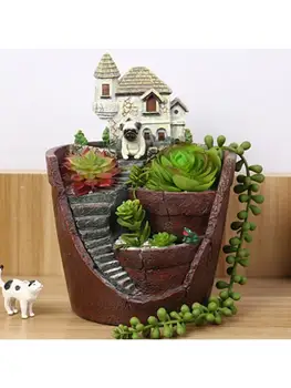 

Mini House Figurines Resin Flower Pot for Herb Cacti Succulent Plants Planter