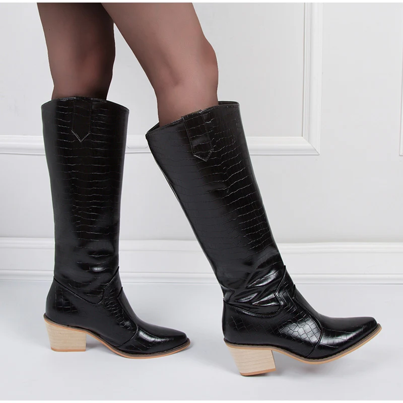 Women Winter Warm Knee High Boots Fashion Patent Leather Mid Heels Ladies Pointed Toe Women's Slip On Plus Size Party Shoes