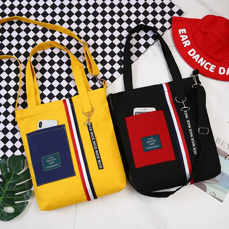

New Korean version of collision colour canvas bag ladies with one shoulder slanting bag literary and artistic students straddle