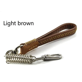 

1Pcs Dog Short chain leash Explosion proof large dog lead PU leather handle big dog leashes Spring buffer black metal поводок