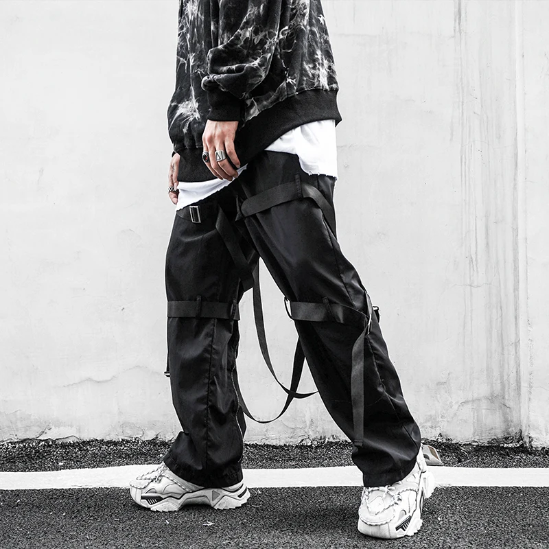 Back Zipper Loose Elastic Waist Cargo Pants Autumn New Streetwear Drawstring Pants Trousers Men Harajuku Twine Belts Casual Pant