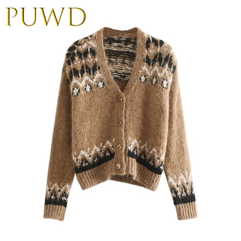 

PUWD 2019 Autumn new pattern printed V-neck knitted cardigan blouse for women in autumn and winter