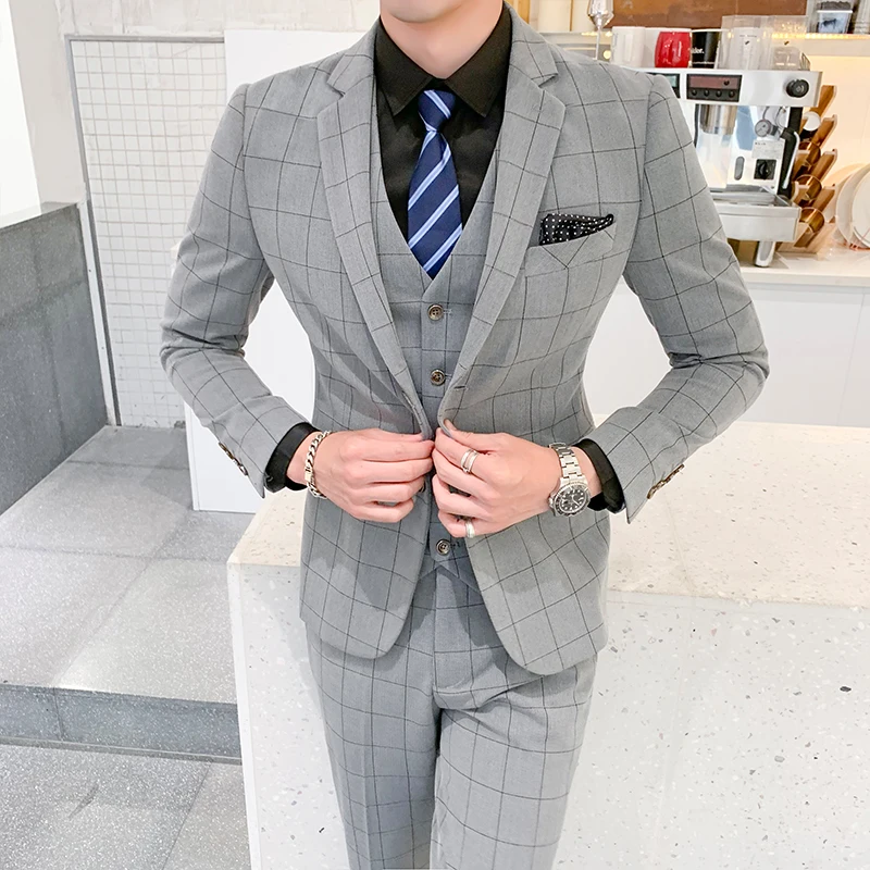 Classic Men Plaid Suits Slim Design Men Business Suit New Fashion Suit Men 3Piece Set Size 5XL Men Blazer Jacket + Pant + Vest