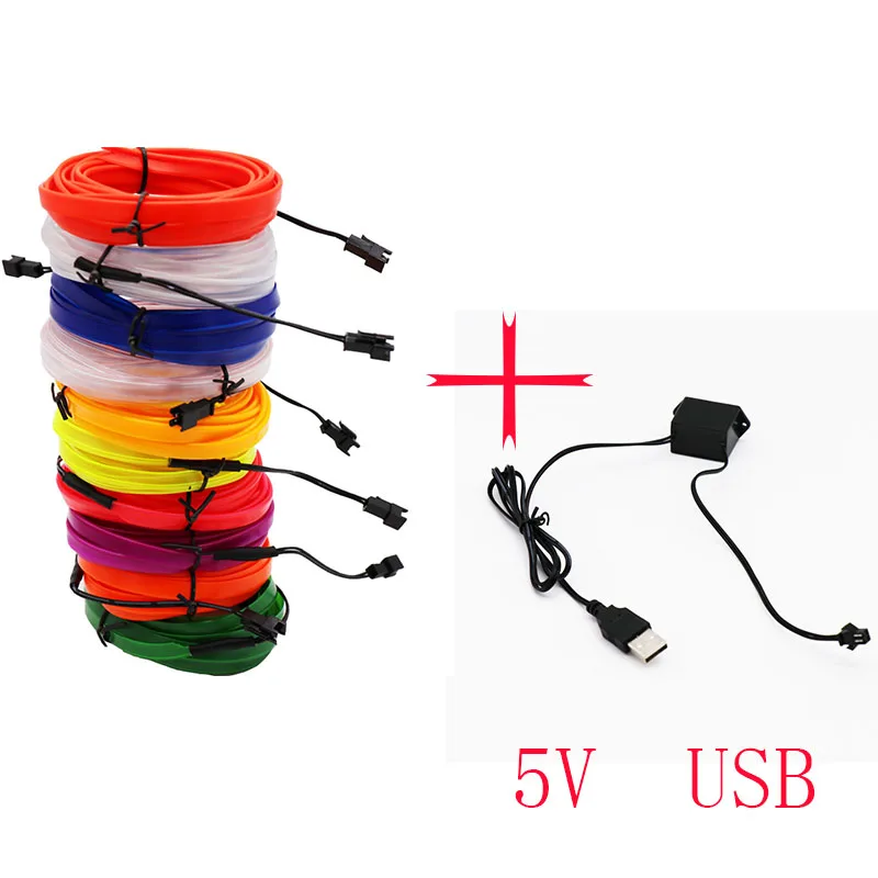 EL Wire флеш-веревка, трубчатый кабель, Светодиодная лента, гибкая неоновая лампа, светящаяся струнная лампа, светильник для украшения автомобиля с 8 мм швейной кромкой, для стайлинга автомобиля - Испускаемый цвет: Wire and 5V USB