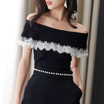 

Runway Sexy Lace Patchwork Tees Ruffles Female T-shirt Fashion Slash Neck Slim Top Summer Women Knitted Short Sleeve Tshirt