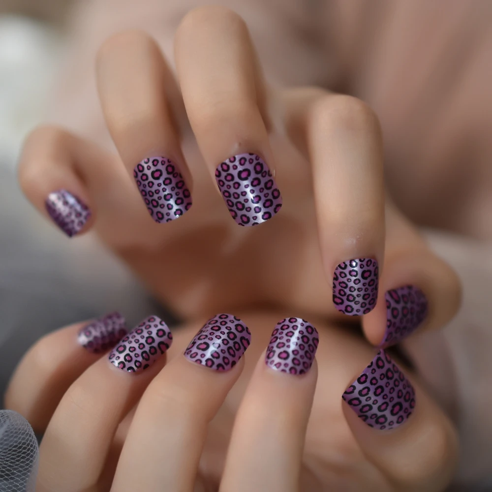 Kids Nail Art Tips Purple Pink Leopard Pattern Girl False Nails Small Size Student S Gift False Nails Aliexpress