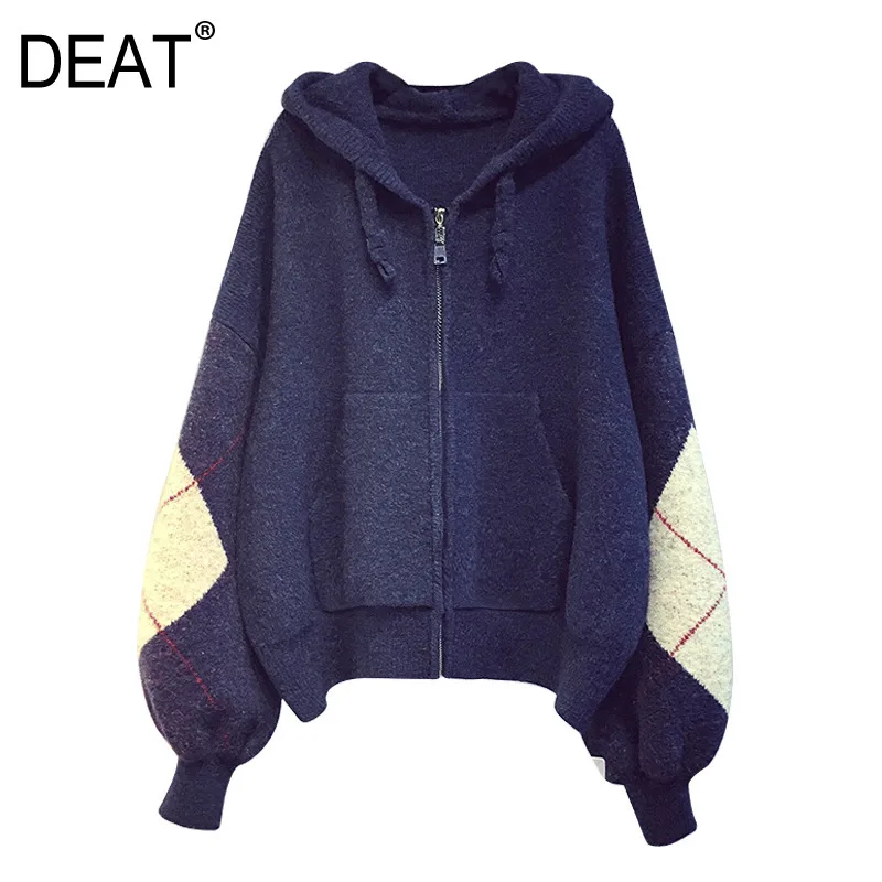 

[DEAT] 2019 New Spring Summer Hooded Long Sleeve Hit Color Spliced Zipper Drawstring Big Size Sweatshirt Women Fashion JZ644