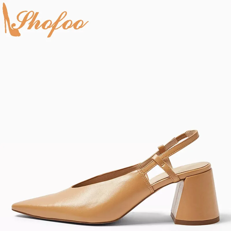 

Brown Slingback High Chunky Heels Women Pumps Pointed Toe Elastic Band Large Size 12 16 Ladies Summer Fashion New Shoes Shofoo