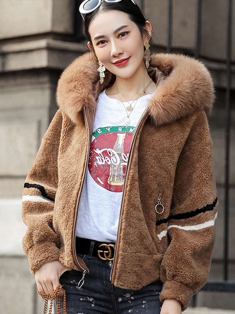 

Real Fur Coat Women Sheep Shearling Winter Coat Women Clothes 2020 Fox Fur Collar Korean Warm 100% Wool Jacket Qbl-1888 YY1850