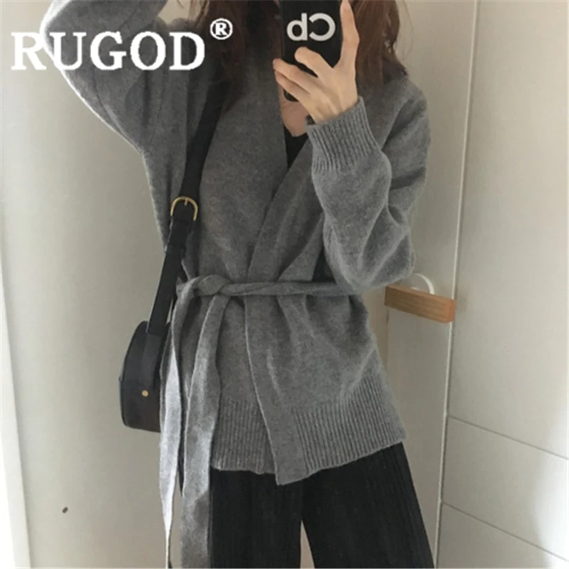 Серый RUGOD/женский однотонный теплый свитер, кардиган, винтажный свитер с v-образным вырезом, свободное трикотажное пальто со шнуровкой, новое осеннее элегантное корейское пальто - Цвет: Серый