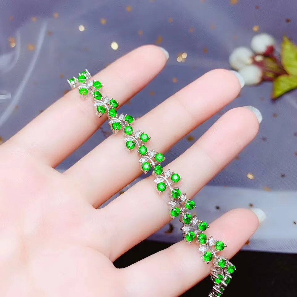 Прямая поставка, круглая огранка, натуральный зеленый диопсид браслет, Регулируемый Женский 925 пробы, серебряный шарм, свадебные браслеты, ювелирные изделия FB323
