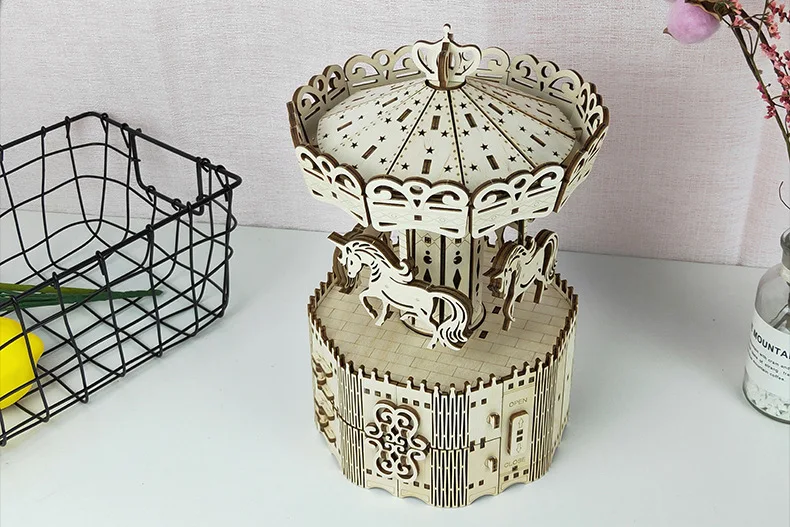 DIY деревянная музыкальная шкатулка веселый круглый карусель домашний Декор подарок на день рождения для детей подруги женщины