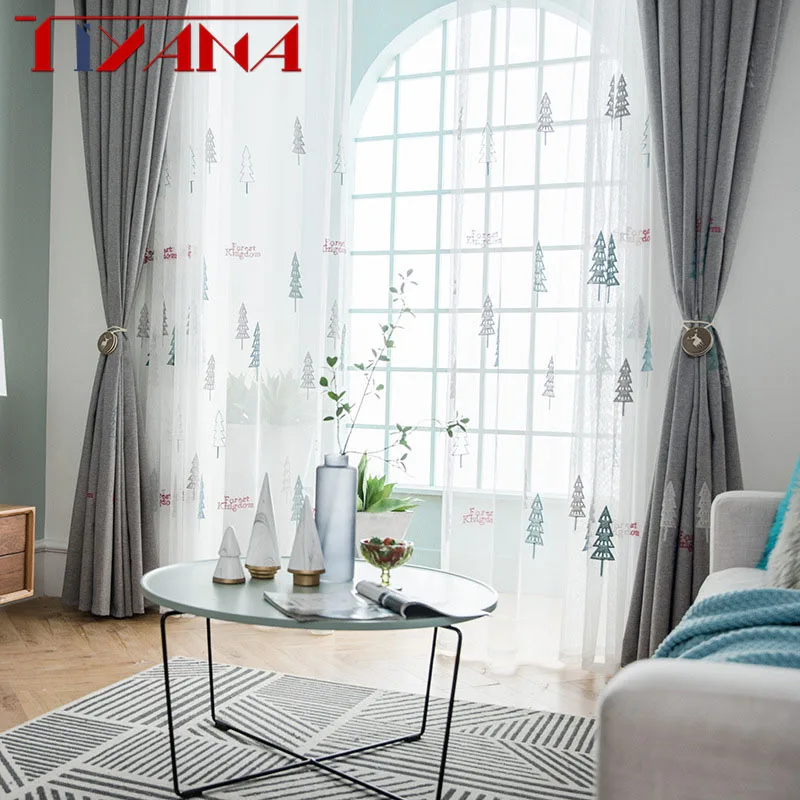 

Modern Cartoon Christmas Tree Embroidered Curtains Sheer Tulle High-grade Cotton & Linen Curain for Christmas Home Decor T263#4