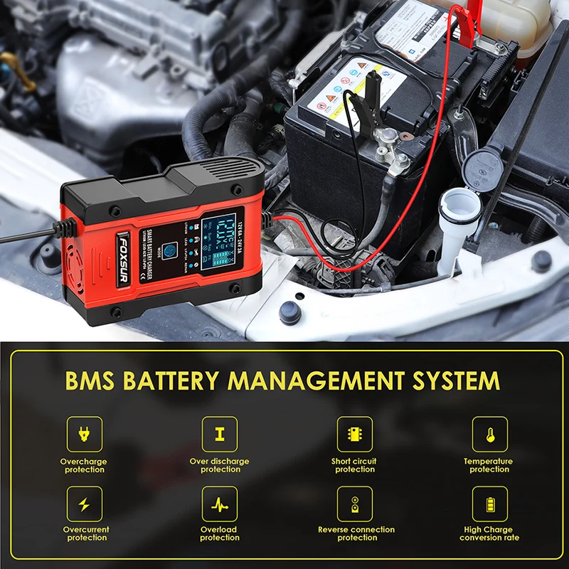 Truck Battery Charger Heavy Duty , FOXSUR 12V 6A 24V 3A Car Smart Battery Charger Fast Charge AGM LiFePO4 Lead-Acid Battery