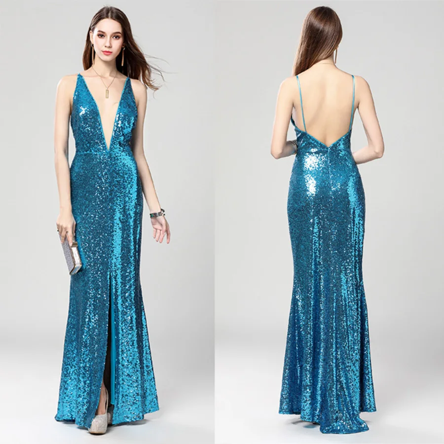 

Evening Dresses Deep V-neck Backless Formal Gown F341 Sling Split Sleeveless Robe De Soiree Sequin Mermaid Evening Dress 2019