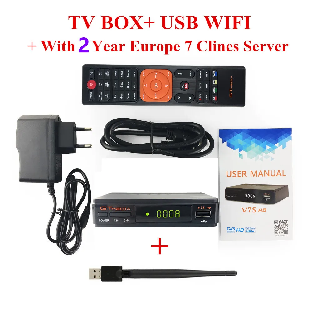 Freesat V7s HD CCcam спутниковый приемник+ 2 года Европа Испания CCcam 7 Clines сервер+ 1 USB WIF устройство DVB-S2 спутниковый приемник HD - Цвет: TV BOX-WIFI-CCCAM