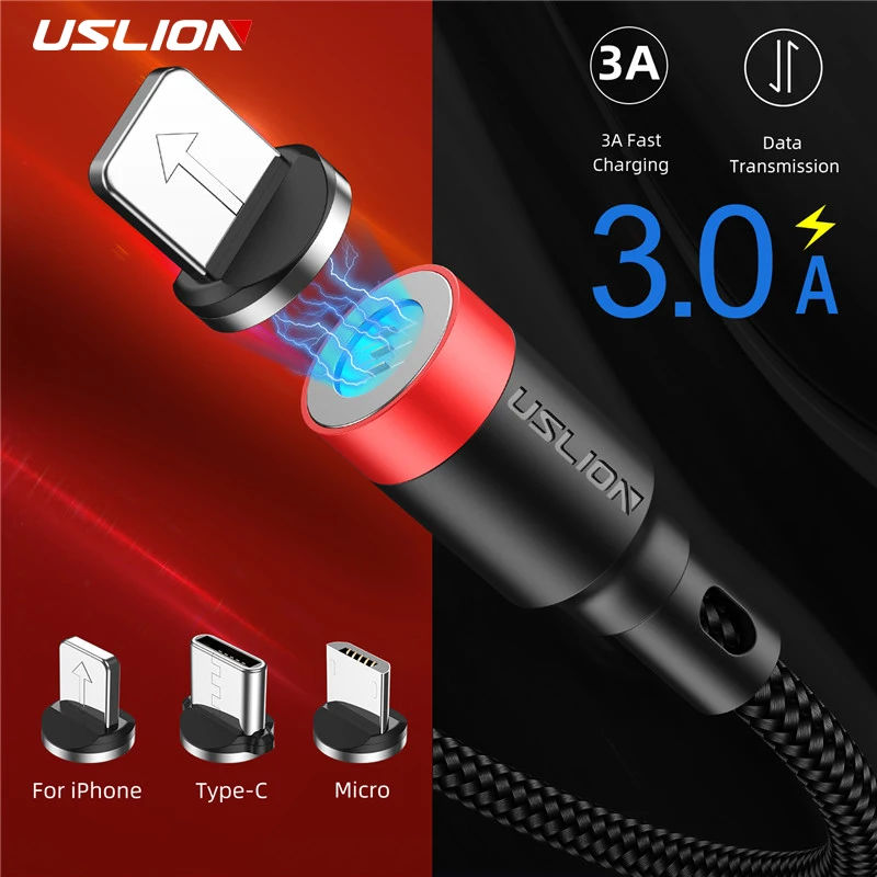 Магнитный USB-кабель USLION 3A для быстрой зарядки и передачи данных iPhone XS Max 7 8