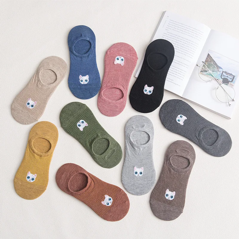Spring And Summer New Style Women's Cotton Embroidered White Cat Head Short Socks Hidden Socks Japanese-style Trend Socks W