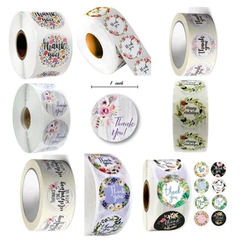 

500pcs a roll 2.5cm 23 styles "thank you" floral paper sticker for Handmade Craft Cards Easter Wedding Christmas Gift Deco