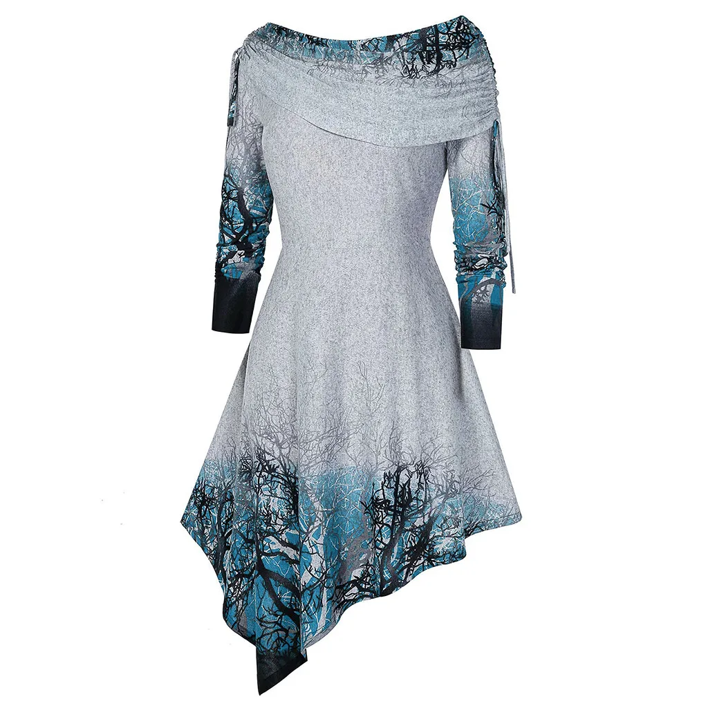 Модная туника с готическим принтом, Повседневная зимняя женская блузка с неровным низом, женская рубашка с длинным рукавом, блуза, пуловер - Цвет: Blue