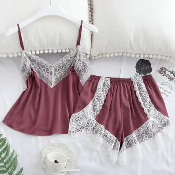 

Hot Sexy Satin Pajama Set Women's Sleepwear Soft V-Neck Elastic Lace Comfortable Spaghetti Strap Short Sets