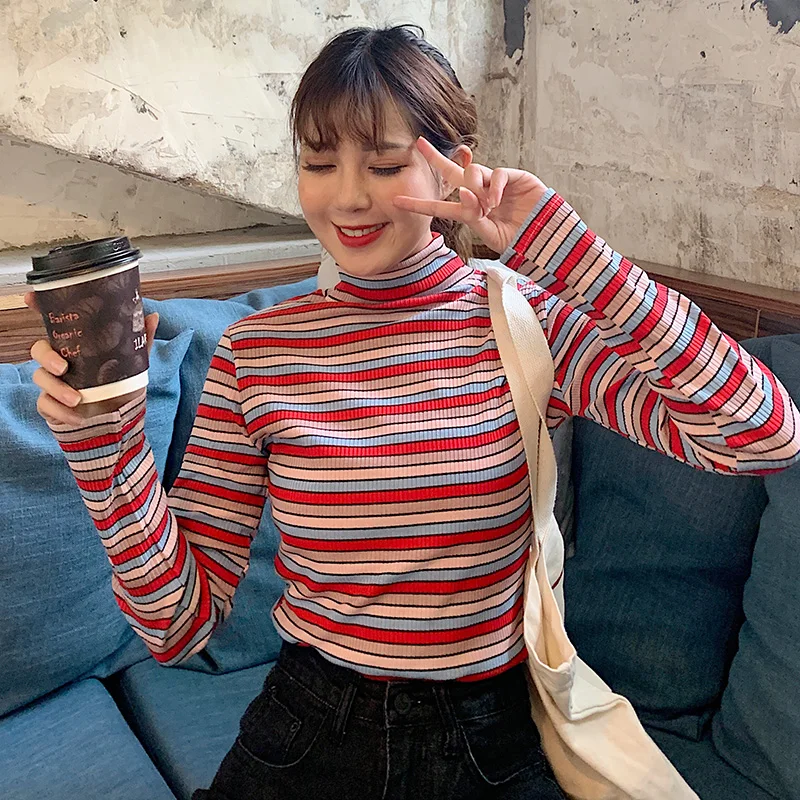 Корейский стиль Женская футболка водолазка полосатый длинный рукав топ из эластичного материала тонкий женский базовый идеальный пуловер M-2XL