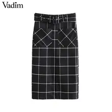 Женское элегантное платье vadim, клетчатая юбка миди с поясом-бабочкой и молнией сзади, с карманами, Женская офисная одежда, юбки до середины икры BA850