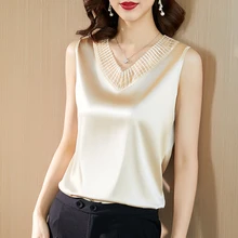 

Silk Women Blouses Tops Women Satin Blouse Shirts Woman Elastic Satin Blouse Lace Top Plus Size Woman Hollow Out V-neck Shirt OL