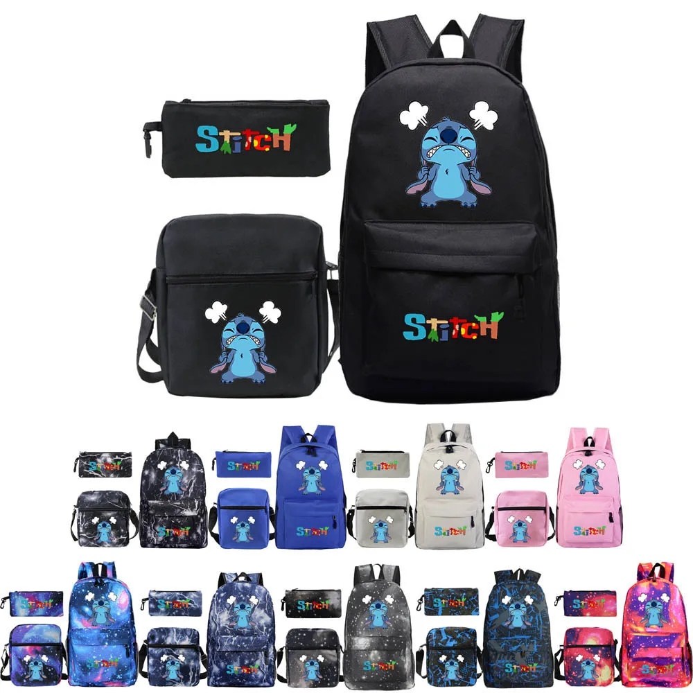 2021 New Stitch Angry Cartoon Print Elementary School Backpack Set Student Schoolbag+Shoulder Bag+Pencil Case Three-Piece Set