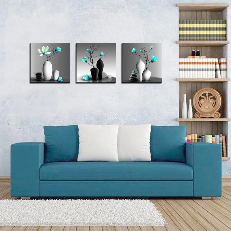 

3 Pieces Blue Flowers In Vase Posters Wall Art Canvas Pictures Home Decor Decorative Paintings for Living Room Decorations