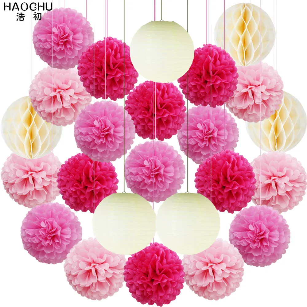 Rose Pink 24 шт./компл. белые синие вечерние бумажные большие фонарики Тканные помпоны цветок соты Беби Шауэр детский Свадебные украшения для дня рождения - Цвет: Rose Pink