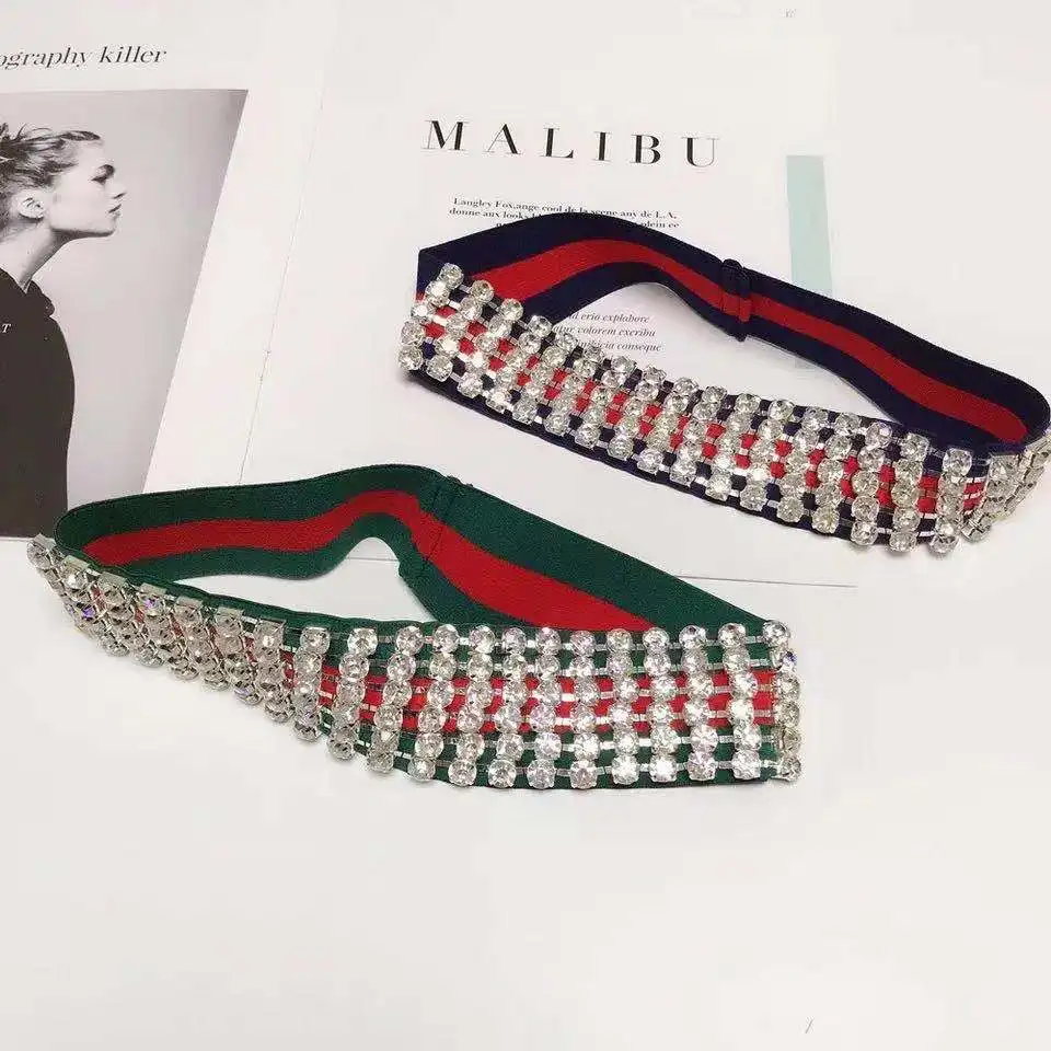 2021ins fashion shining large Rhinestone Crystal elastic hairband women hip hop crystal blue green striped hairband gift jewelry