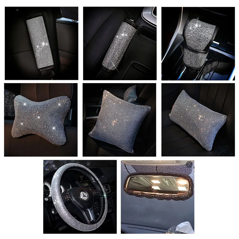 

Rhinestones Crystal Car Interior Accessories Diamond Steering Wheel Cover Neck pillows Waist Support Handbrake Shift Set